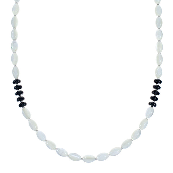Adjustable Navajo Mother of Pearl And Onyx Sterling Silver Bead Necklace NX12290