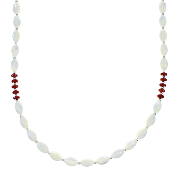Navajo Mother Of Pearl And Coral Sterling Silver Bead Necklace NX12293