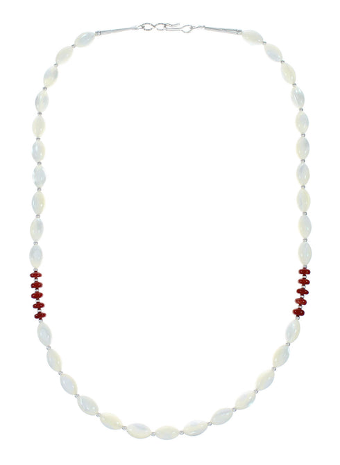 Navajo Mother Of Pearl And Coral Sterling Silver Bead Necklace NX12293