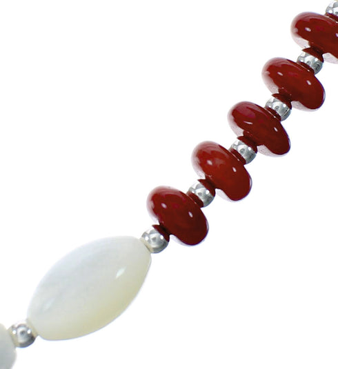 Navajo Mother Of Pearl And Coral Sterling Silver Bead Necklace NX12293