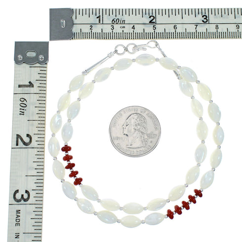 Navajo Mother Of Pearl And Coral Sterling Silver Bead Necklace NX12293