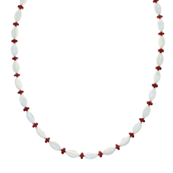 Navajo Mother Of Pearl And Coral Sterling Silver Bead Necklace NX12294