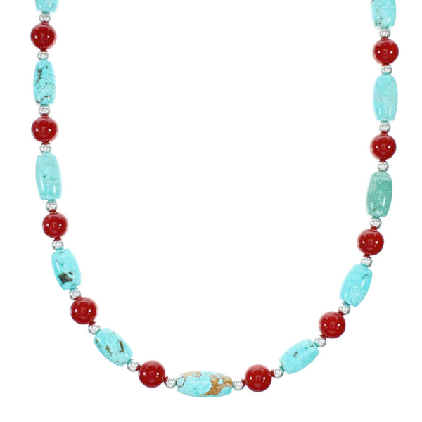 Navajo Sterling Silver Turquoise And Coral Bead Necklace NX12289