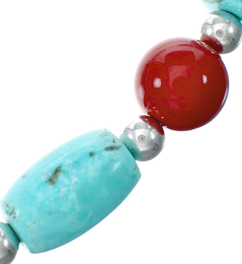 Navajo Sterling Silver Turquoise And Coral Bead Necklace NX12289