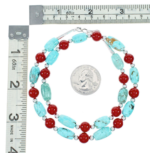 Navajo Sterling Silver Turquoise And Coral Bead Necklace NX12289