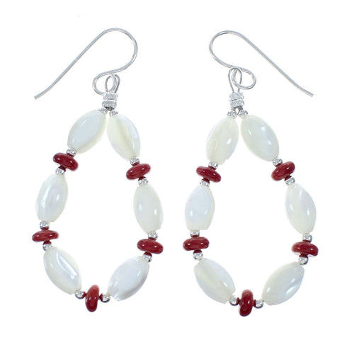 Genuine Sterling Silver Mother Of Pearl And Coral Bead Hook Dangle Earrings NX12299