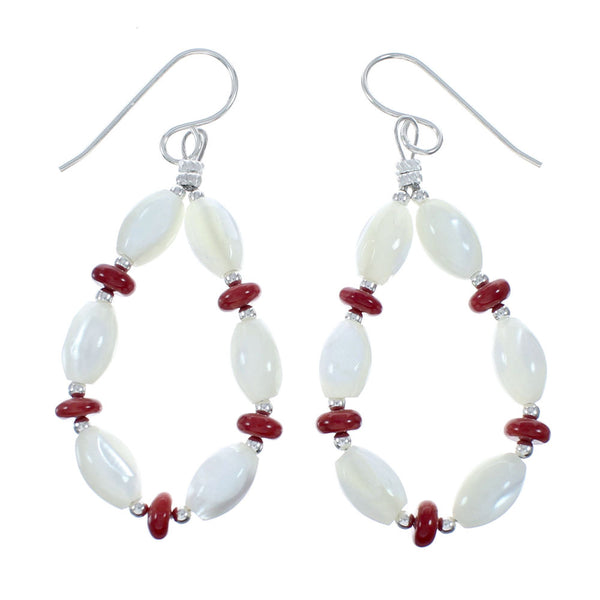 Genuine Sterling Silver Mother Of Pearl And Coral Bead Hook Dangle Earrings NX12299