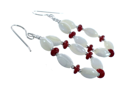 Genuine Sterling Silver Mother Of Pearl And Coral Bead Hook Dangle Earrings NX12299