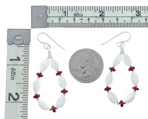 Genuine Sterling Silver Mother Of Pearl And Coral Bead Hook Dangle Earrings NX12299