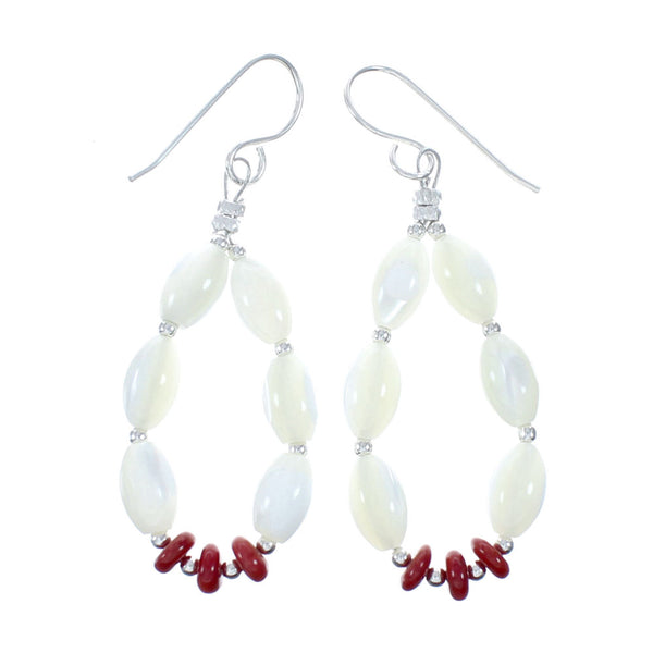 Genuine Sterling Silver Mother Of Pearl And Coral Bead Hook Dangle Earrings NX12300