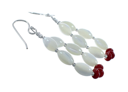 Genuine Sterling Silver Mother Of Pearl And Coral Bead Hook Dangle Earrings NX12300
