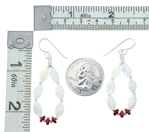 Genuine Sterling Silver Mother Of Pearl And Coral Bead Hook Dangle Earrings NX12300