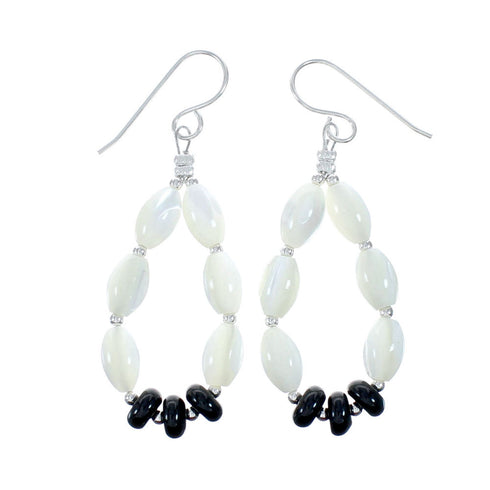 Sterling Silver Mother Of Pearl And Onyx Bead Hook Dangle Earrings NX12303
