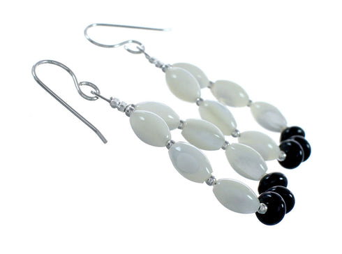 Sterling Silver Mother Of Pearl And Onyx Bead Hook Dangle Earrings NX12303