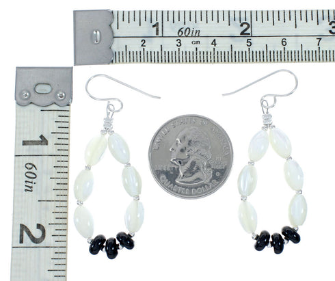 Sterling Silver Mother Of Pearl And Onyx Bead Hook Dangle Earrings NX12303