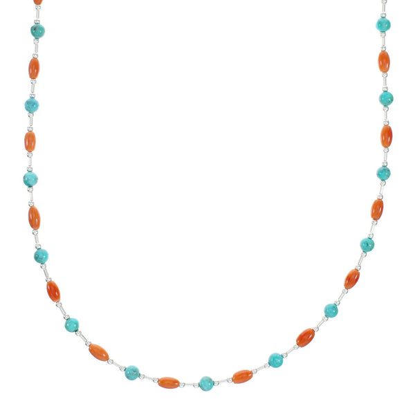 Native American Liquid Sterling Silver Turquoise Coral Bead Necklace NX12308