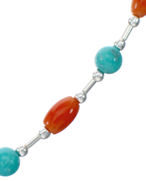 Native American Liquid Sterling Silver Turquoise Coral Bead Necklace NX12308