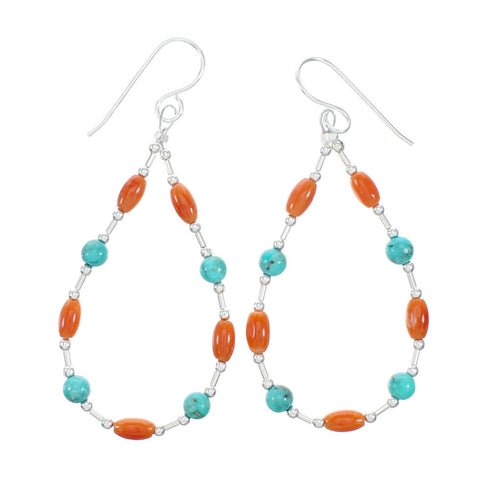 Genuine Turquoise Coral Liquid Sterling Silver Hook Dangle Navajo Earrings NX12311
