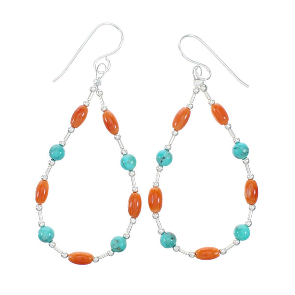 Genuine Turquoise Coral Liquid Sterling Silver Hook Dangle Navajo Earrings NX12311