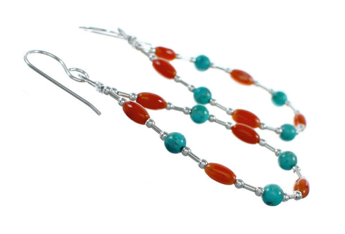 Genuine Turquoise Coral Liquid Sterling Silver Hook Dangle Navajo Earrings NX12311