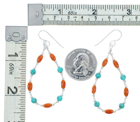 Genuine Turquoise Coral Liquid Sterling Silver Hook Dangle Navajo Earrings NX12311