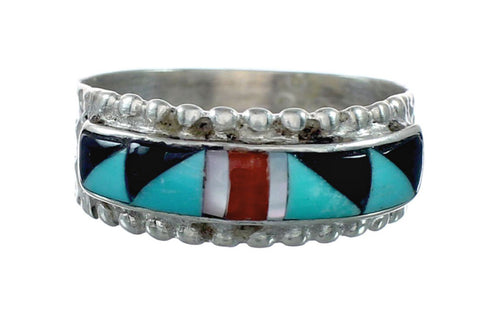 Sterling Silver Zuni Multicolor Inlay Ring Size 9-1/2 NX12407