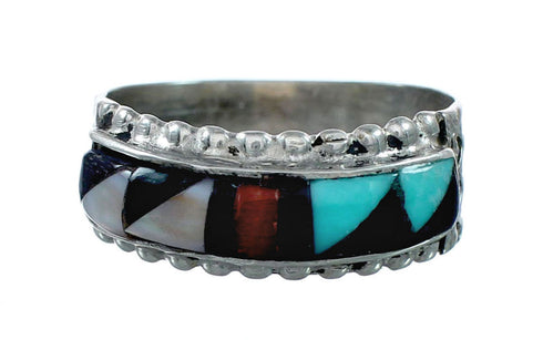 Sterling Silver Zuni Multicolor Inlay Ring Size 8-1/4 NX12410