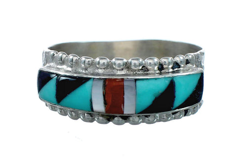 Zuni Sterling Silver Multicolor Inlay Ring Size 9-1/2 NX12412