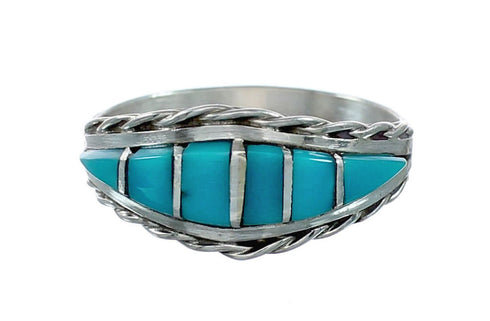 Genuine Zuni Turquoise Inlay Sterling Silver Ring Size 7-3/4 NX12403