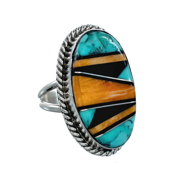 Native American Sterling Silver Multicolor Inlay Ring Size 6-3/4 NX12324