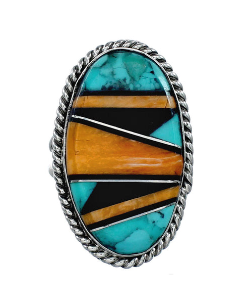 Native American Sterling Silver Multicolor Inlay Ring Size 6-3/4 NX12324