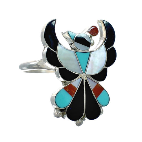 Zuni Indian Multicolor Inlay Thunderbird Sterling Silver Ring Size 7 NX12325