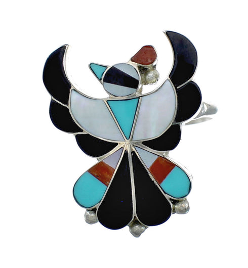 Zuni Indian Multicolor Inlay Thunderbird Sterling Silver Ring Size 7 NX12325