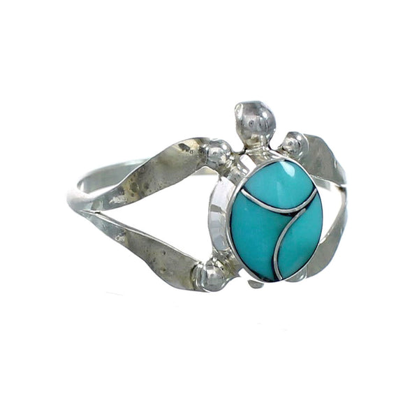 Zuni Sterling Silver Turquoise Inlay Turtle Ring Size 7-3/4 NX12369