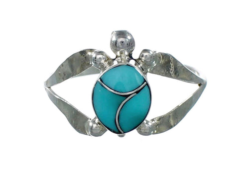 Zuni Sterling Silver Turquoise Inlay Turtle Ring Size 8-1/4 NX12370