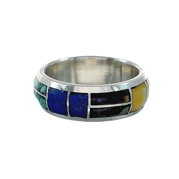 Native American Zuni Multicolor Inlay Sterling Silver Ring Size 8 NX12386