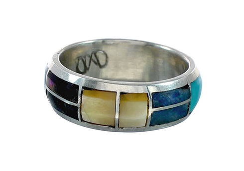 Native American Zuni Multicolor Inlay Sterling Silver Ring Size 8 NX12386