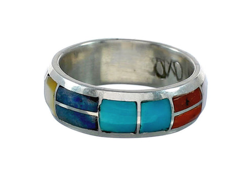 Native American Zuni Multicolor Inlay Sterling Silver Ring Size 8 NX12386