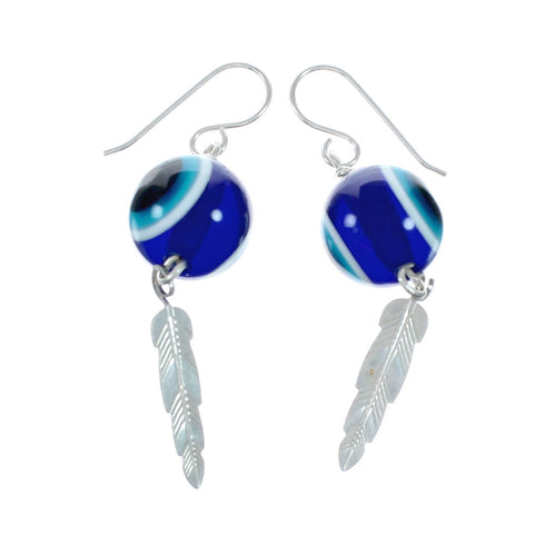 Navajo Evil Eye Bead Sterling Silver Hook Dangle Earrings NX12418