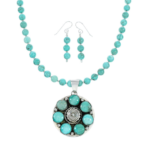 Navajo Turquoise Sterling Silver Concho Pendant Necklace Set NX12432