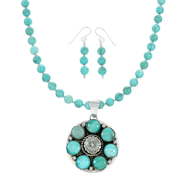 Navajo Turquoise Sterling Silver Concho Pendant Necklace Set NX12432