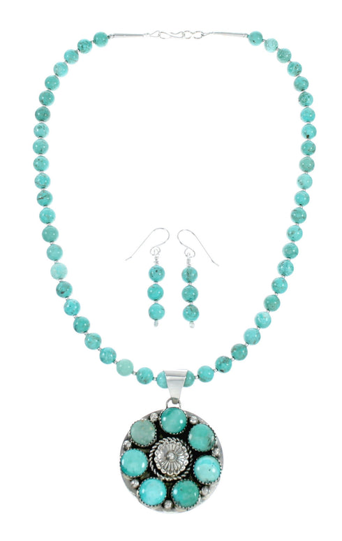 Navajo Turquoise Sterling Silver Concho Pendant Necklace Set NX12432