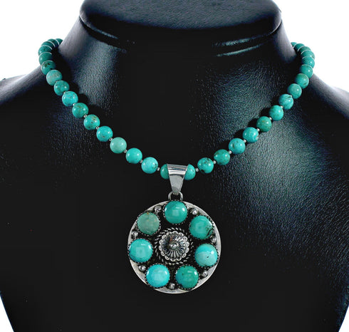 Navajo Turquoise Sterling Silver Concho Pendant Necklace Set NX12432