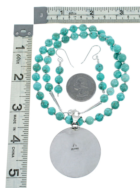 Navajo Turquoise Sterling Silver Concho Pendant Necklace Set NX12432