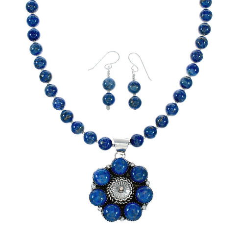 Native American Lapis And Sterling Silver Flower Concho Pendant Bead Necklace NX12444