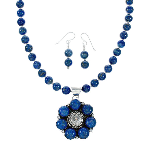 Native American Lapis And Sterling Silver Flower Concho Pendant Bead Necklace NX12444