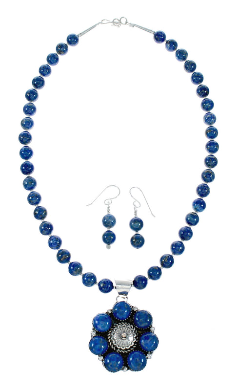 Native American Lapis And Sterling Silver Flower Concho Pendant Bead Necklace NX12444
