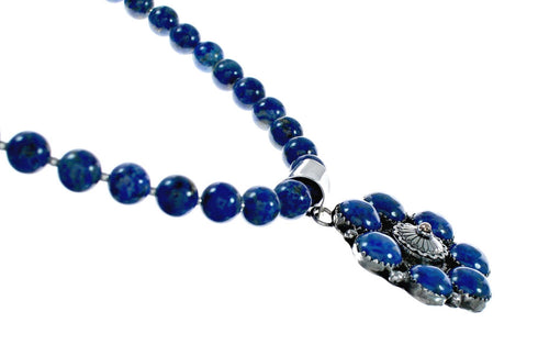 Native American Lapis And Sterling Silver Flower Concho Pendant Bead Necklace NX12444