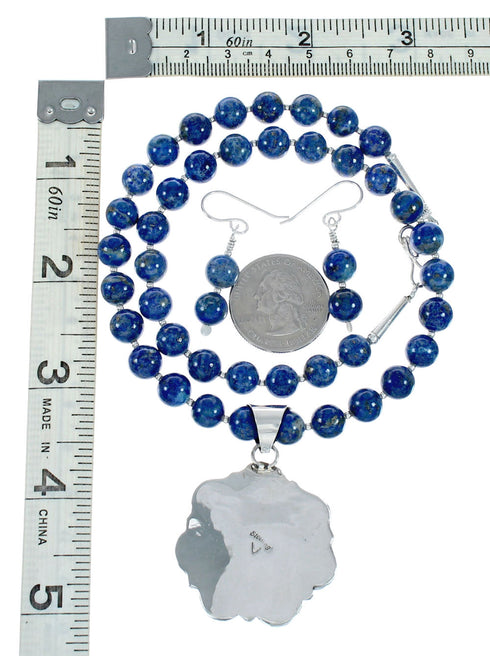 Native American Lapis And Sterling Silver Flower Concho Pendant Bead Necklace NX12444