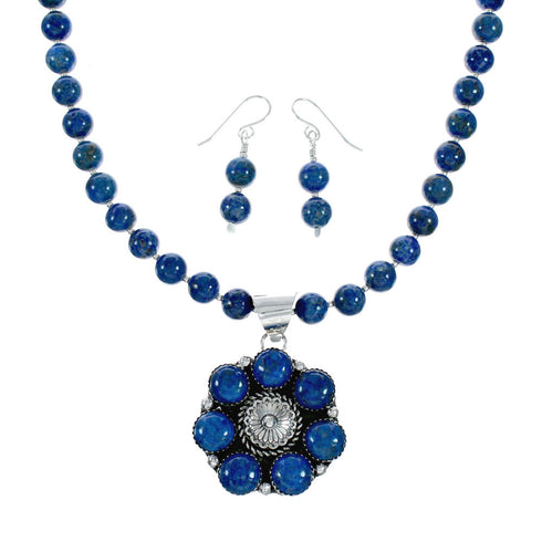 Native American Lapis And Sterling Silver Flower Concho Pendant Bead Necklace NX12445
